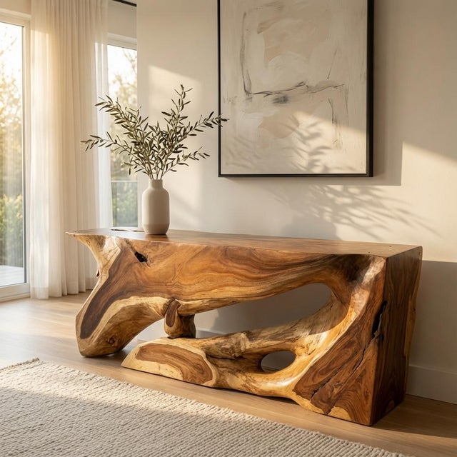 Organic modern solid acacia wood console table. Beautiful free form shape with flat level top making it a functional art...