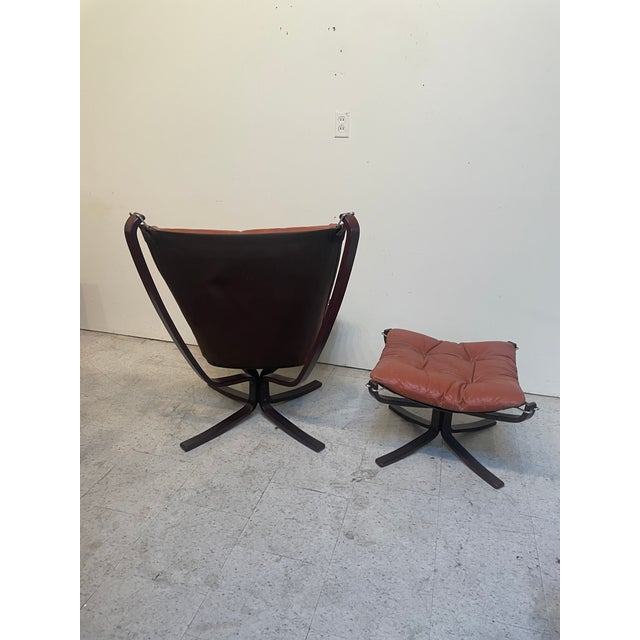 Pair of Vintage Cognac Leather/Beech Chairs and Ottoman. Italian distressed leather and beech veneer bentwood frame. True...