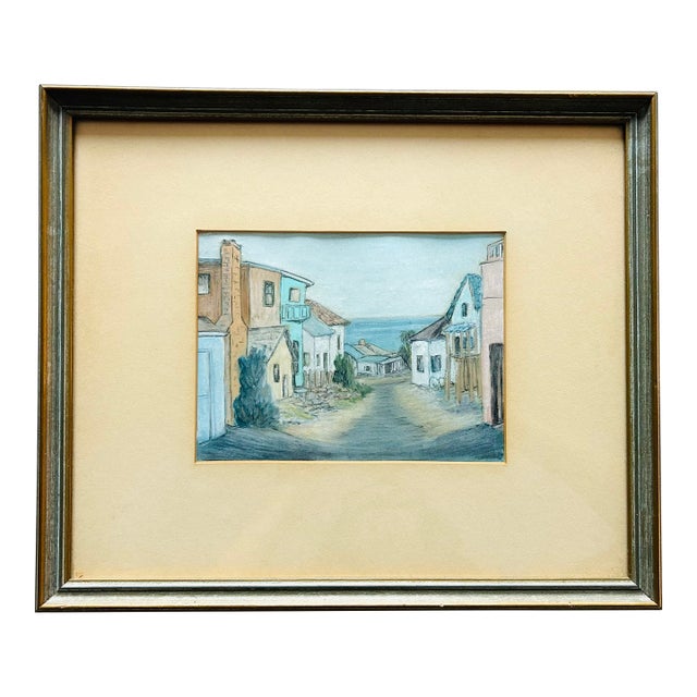 Vintage 1954 “Alley Charm” Original Oil Pastel by Flo | Laguna Beach California Coastal Painting | Mid-Century Ocean View Artwork For Sale