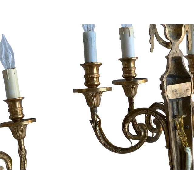 Unusual Pair of Antique Louis XVI Style Gilt Bronze 3-Light Sconces France 1920s-1930s For Sale - Image 4 of 7