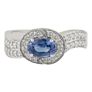 VRJewels 14k Gold Oval Cut Blue Sapphire and Diamond Halo Wave Ring Size 5.5 For Sale
