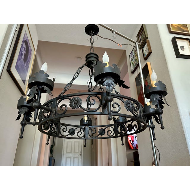 1960s Large Spanish Revival Metal Forged Black Chandelier For Sale In Palm Springs - Image 6 of 17