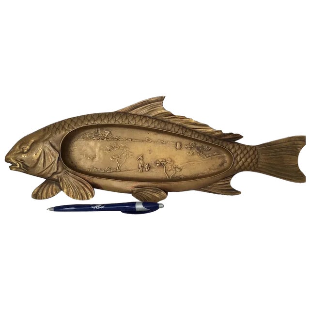 Antique Art Deco Asian Coy Fish Tray, Bronze Pen Holder, Desk or Vanity Tray For Sale - Image 6 of 8