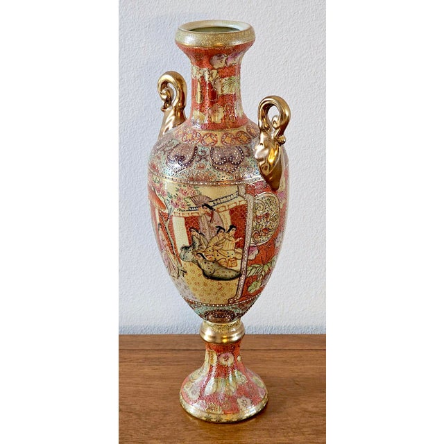 Vintage Japanese Satsuma Hand-Painted Moriage Urn Vase - 16.5” Tall For Sale - Image 4 of 17