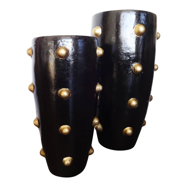 Pair of Black and Gold Sculpture Planters For Sale
