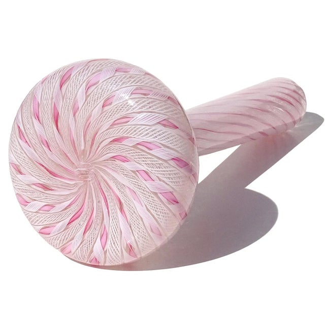 Mid 20th Century Vintage Murano Fratelli Toso Pink White Swirl Ribbons Italian Art Glass Soliflore Long Neck Flower Vase For Sale - Image 5 of 6