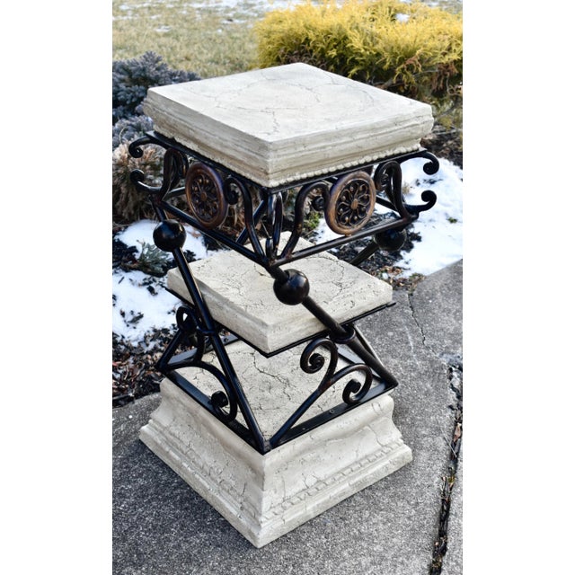 Faux Stone Plant Stand Side Table 3 Tier Vintage Neoclassical Metal 25" For Sale - Image 4 of 11
