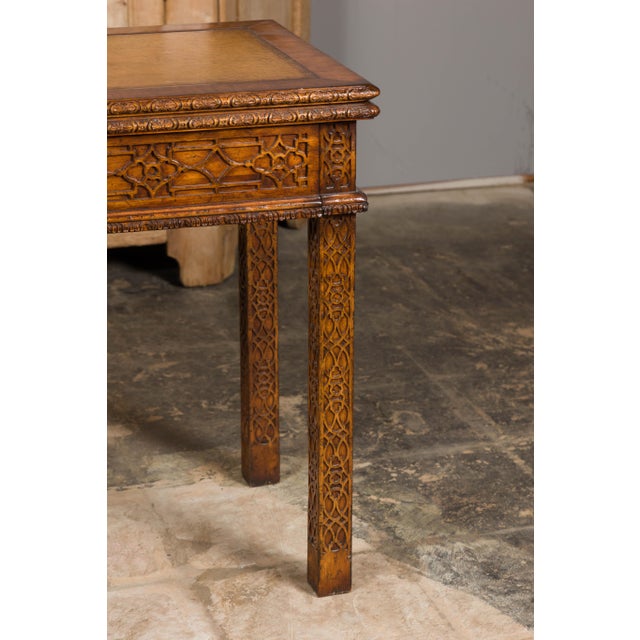 Mid 20th Century English Midcentury Game Table with Leather Top and Abundant Carved Décor For Sale - Image 10 of 12