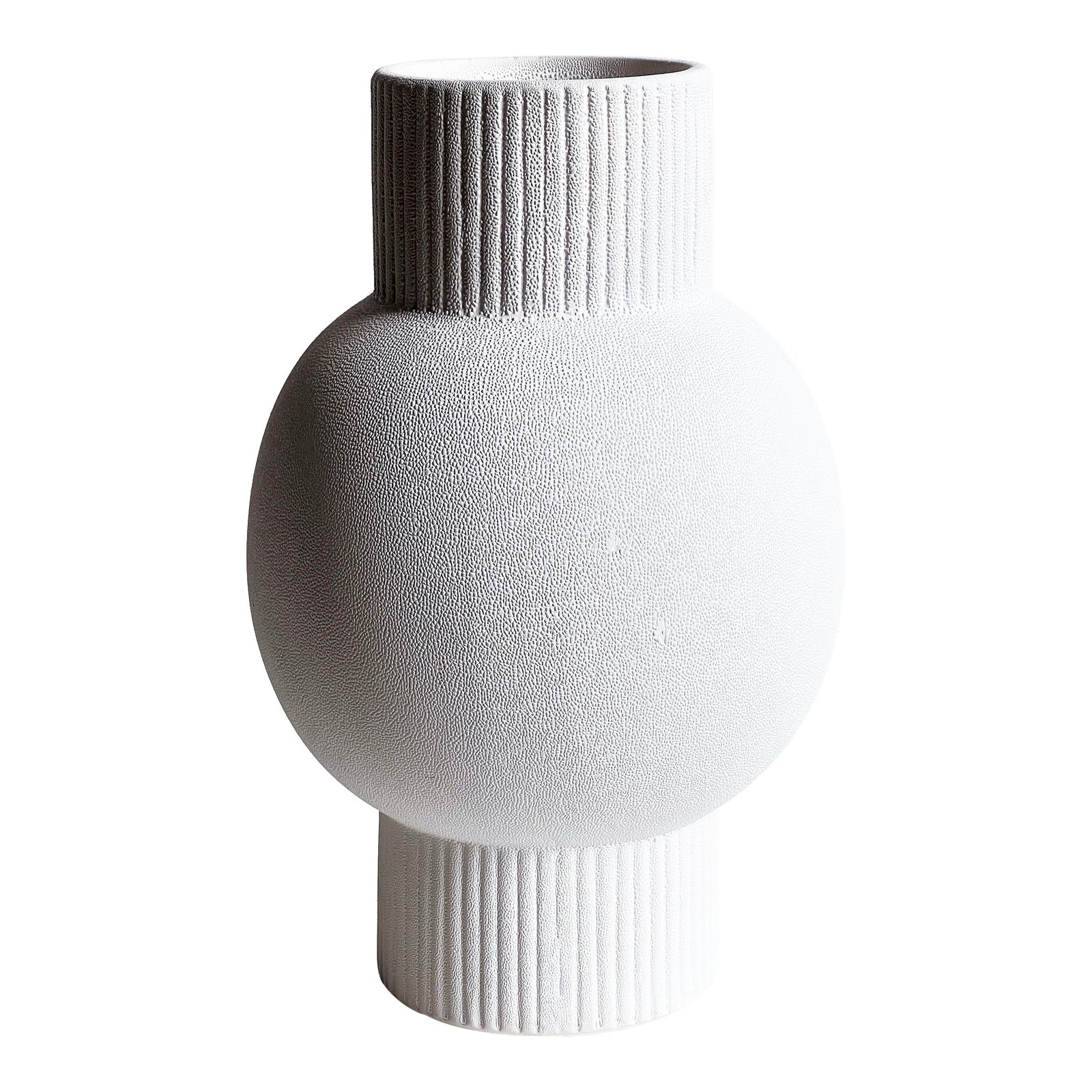 Contemporary White Sculptural Vase With Ribbed Neck and Base