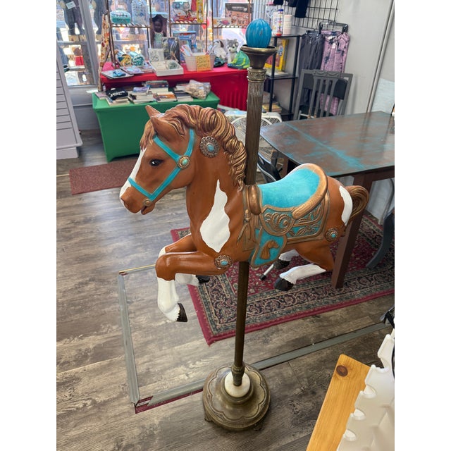 Hand Painted Antique Carousel Horse With Brass Torchiere Stand For Sale - Image 13 of 16