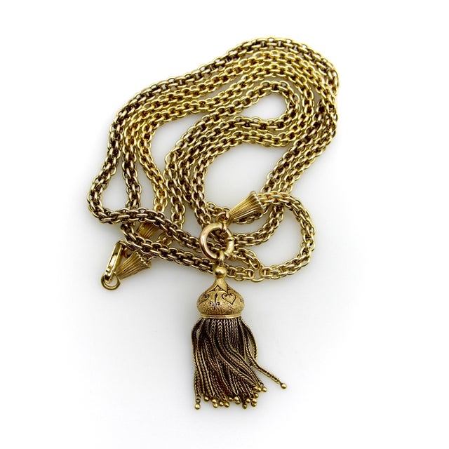 19th Century 14k Gold Victorian Fancy Link Long Chain With Drop and Enameled Tassel For Sale - Image 4 of 9