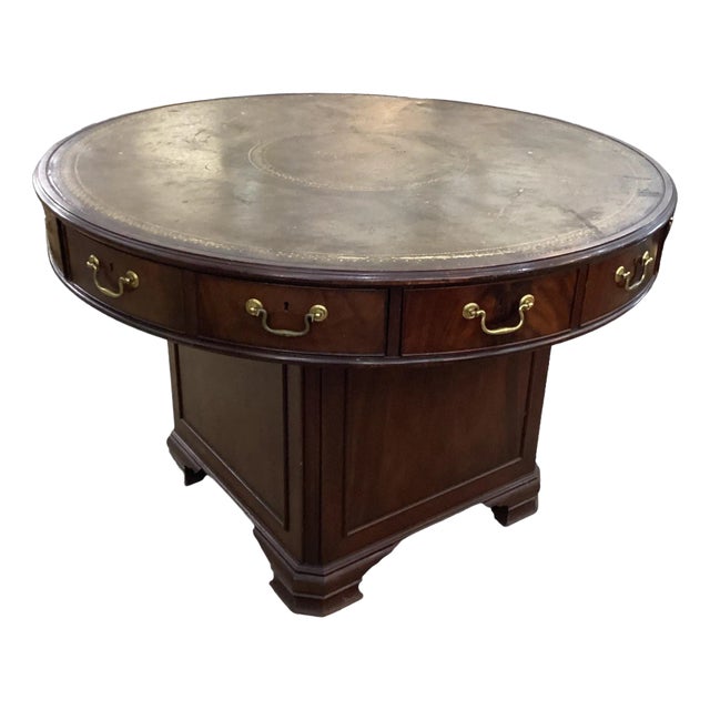 Antique Mahogany Leather Top Rent Drum Table For Sale