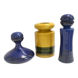 Postmodern Blue and Yellow Glazed Vase and Bottles attributed to Parravicini, 1970s, Set of 3 For Sale