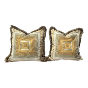Pair of Moire'd Pillows With Concentric Stitching Loop Brush Fringe Down and Feather Fill