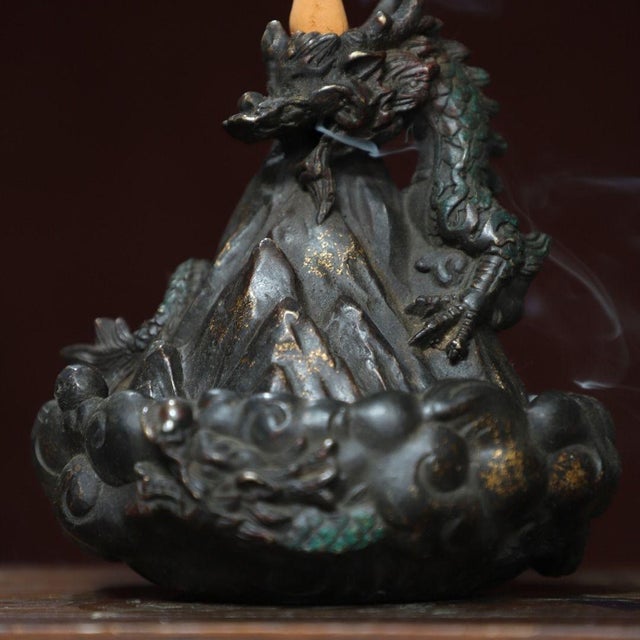 Metal Gilt Bronze Dragon Backflow Incense Burner, 1.05kg For Sale - Image 7 of 9
