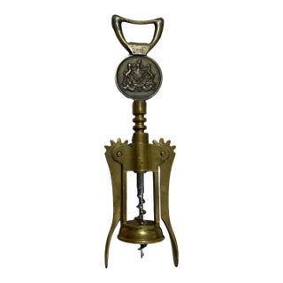 Vintage Italian Brass Winged Corkscrew & Bottle Opener – Ornate Heraldic Coat of Arms "Honor" Crest, Made in Italy For Sale