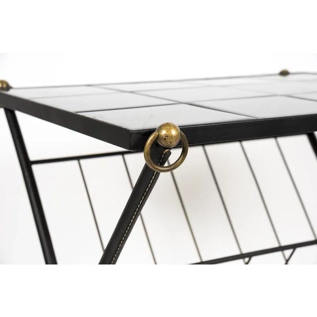 Black Leather and Ceramic Serving Cart by Jacques Adnet, 1950s For Sale - Image 8 of 10