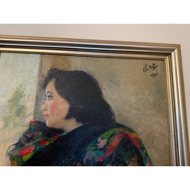 Chinese Vintage 1987 Chinese Oil Portrait Painting of a Woman For Sale - Image 3 of 8