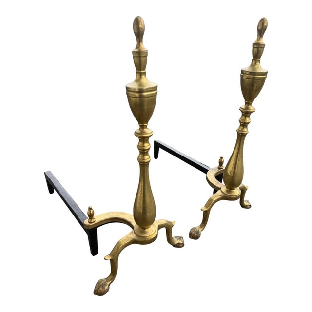 1920s Pair 1920s Antique Brass Andirons Chippendale Claw Ball Feet Fireplace For Sale - Image 5 of 15