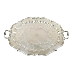 Victorian English Sheffield Silver Plated Oval Scalloped Serving Platter Tray