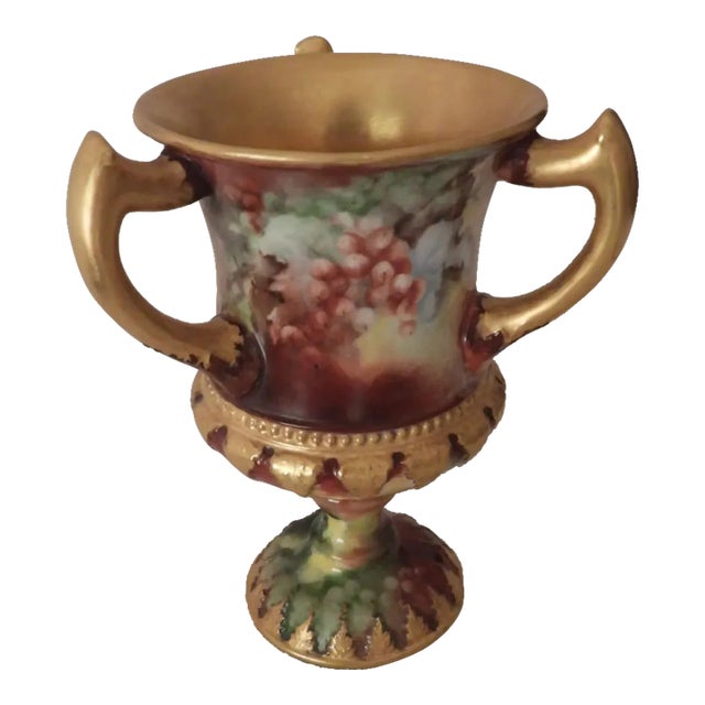 Art Nouveau American Belleek 3 Handled Chalice Cornucopia Grapes Vase 1899-1905 For Sale