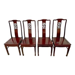 1960s Vintage Asian Theme Birds Carved Back Solid Mahogany Side Chairs - Set of 4