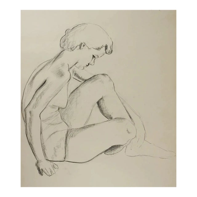 Vintage 1950s Charcoal Study Drawing of Woman For Sale