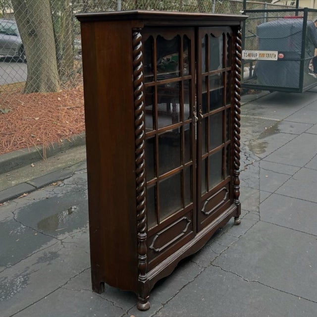 Antique American Victorian Era Carved Mahogany Barley Twist Bookcase Cabinet For Sale - Image 4 of 7