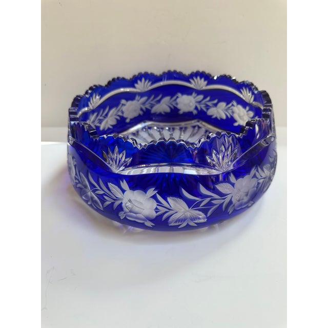 Mid 20th Century Czech Bohemian Cobalt Blue Cut to Clear Crystal Centerpiece Bowl For Sale In New York - Image 6 of 18