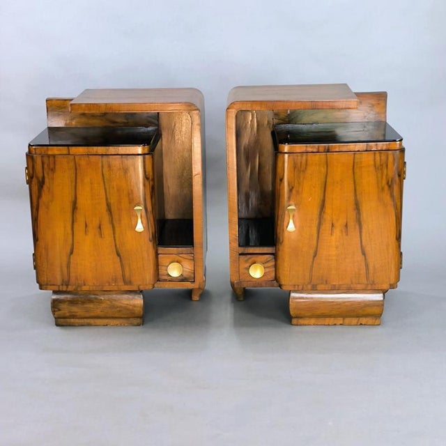 Art Deco Walnut Bedside Tables with Black Glass Tops, 1940s, Set of 2 For Sale - Image 9 of 9