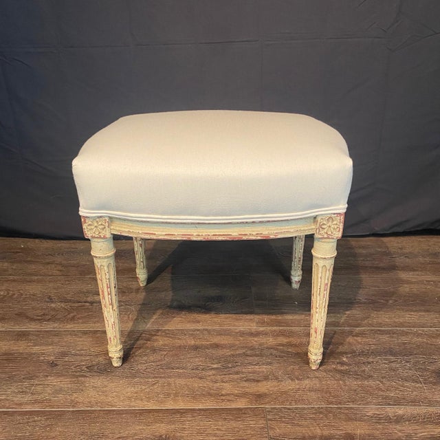 French Louis XV Painted Wood Ottomans With New Upholstery -a Pair For Sale - Image 10 of 11