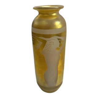 Art Nouveau Golden Colored Etched Glass Vase Signed For Sale