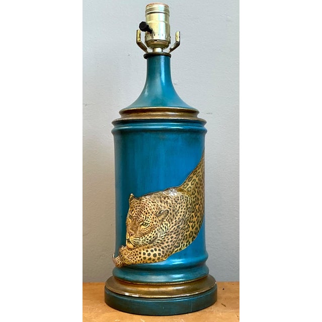 Vintage Blue and Gold Decoupage Leopard Lamp For Sale - Image 16 of 18