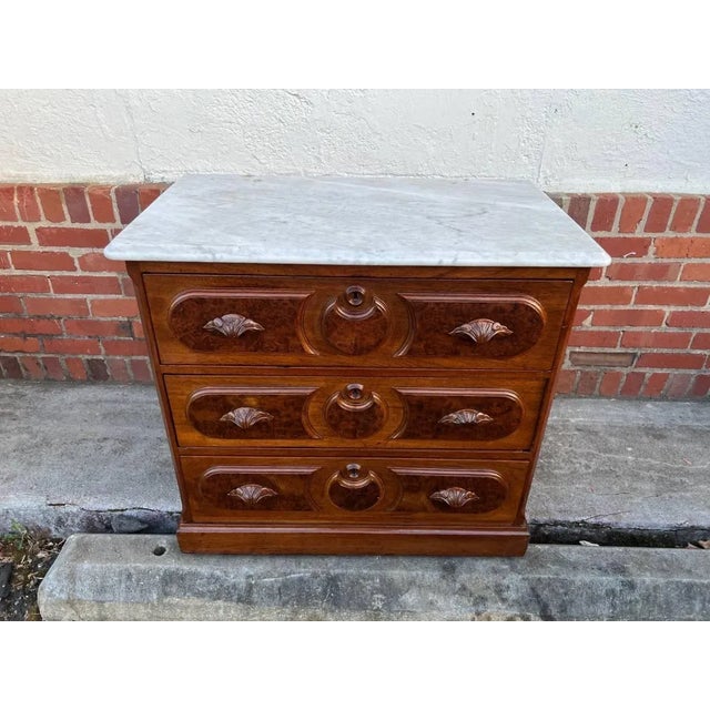 19th Century Walnut Inlaid Burlwood Marble Top Dresser For Sale - Image 9 of 13