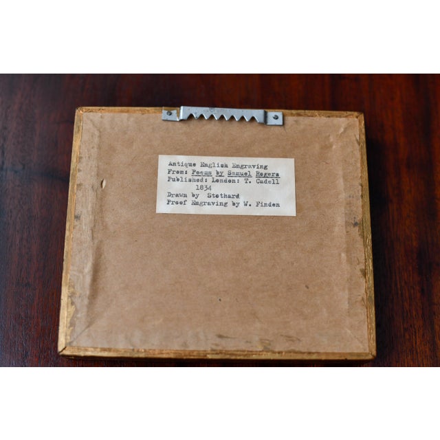 English Small Gold Gilded Framed 19th Century Black and White Engraving of Woman Holding a Flower "The Wreath" For Sale - Image 3 of 3