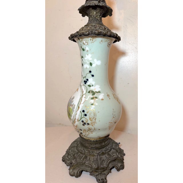Huge 1800s Antique Ornate French Hand Painted Porcelain Bronze Kerosine Oil Lamp For Sale - Image 12 of 18
