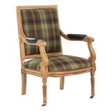 Antique Louis XVI Armchair | 19th Century Gilt Frame | Ralph Lauren Plaid & Leather | Deaccessioned by Thomas Jefferson Foundation For Sale
