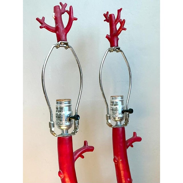 Vintage Red Coral Branch Table Lamps - Pair For Sale - Image 9 of 12