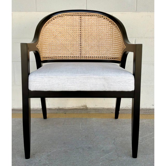 Stylish Organic Modern Cane Dining Chairs Set of 4, black wood frame, off-white fabric, showroom floor sample