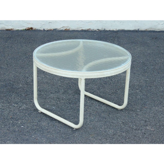 Mid Century Modern Round Glass Top Aluminum Outdoor Patio Side Table For Sale - Image 4 of 12