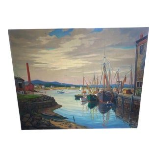 20th Century Fishing boats at Dock Painting For Sale