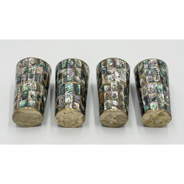 1960s Mexican Abalone Inlay Alpaca Silver Pitcher & 4 Tumblers Barware Set For Sale - Image 16 of 18