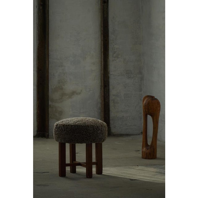 Danish Modern Oak Ottoman with Shearling Lambswool Upholstery, 1960s For Sale - Image 14 of 18