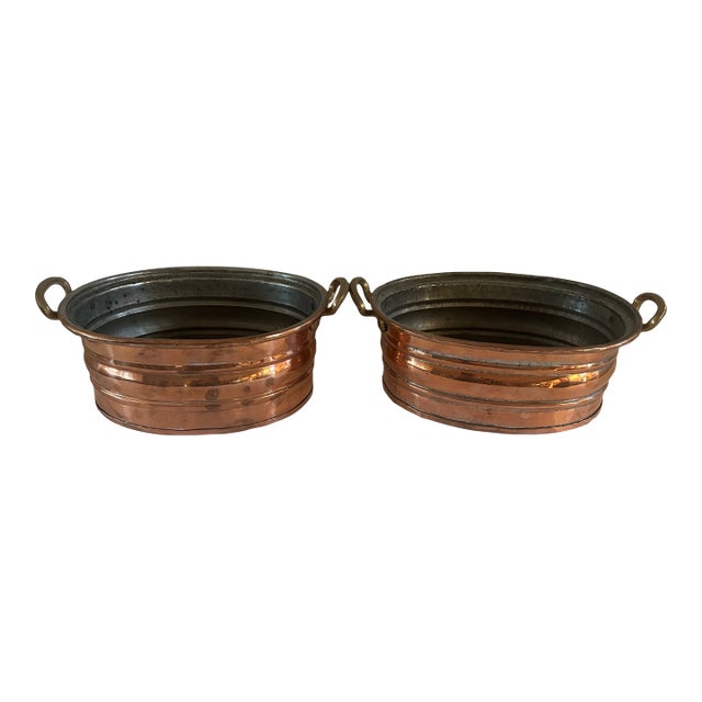 Vintage Copper Planter With Brass Handles Oval Shape- Set of 2 For Sale