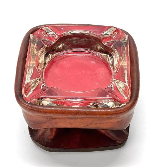 Mid-Century French Brown Leather and Glass Ashtray by Jacques Adnet, 1950s For Sale - Image 9 of 18