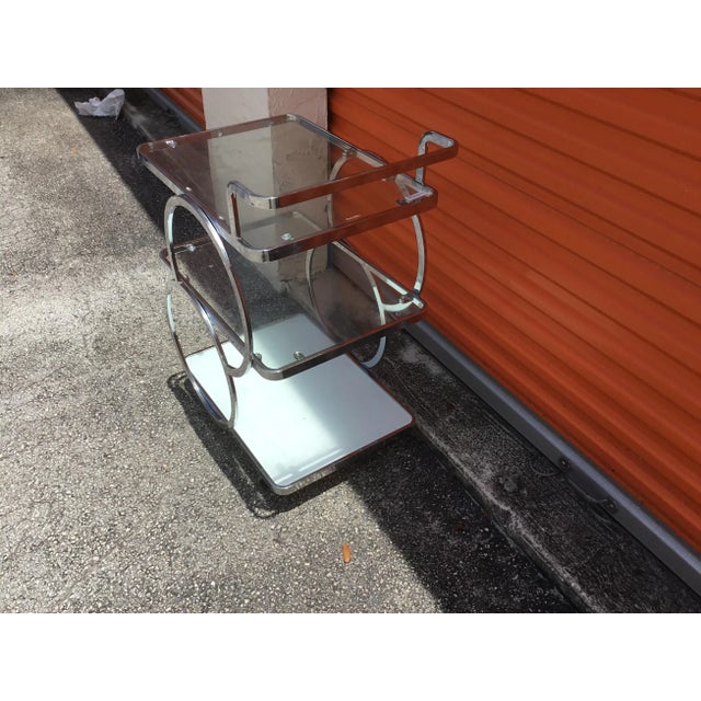 Art Deco 1990s Art Deco Tea Chrome and Glass Bar Cart For Sale - Image 3 of 11