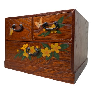 Small Japanese Wooden Drawer Chest with Flowers and Butterflies, 1980s For Sale