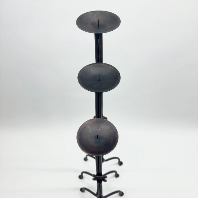Metal Hand Forged Iron Candelabra Set of 3 (82-102cm) Antique Copper Double Stem with Hercules Knot and Arched Base For Sale - Image 7 of 11