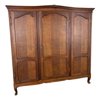 Vintage French Louis XVI Style Carved Oak 3-Door Armoire For Sale