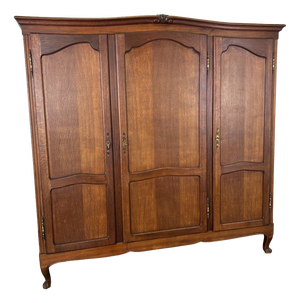 Vintage French Louis XVI Style Carved Oak 3-Door Armoire